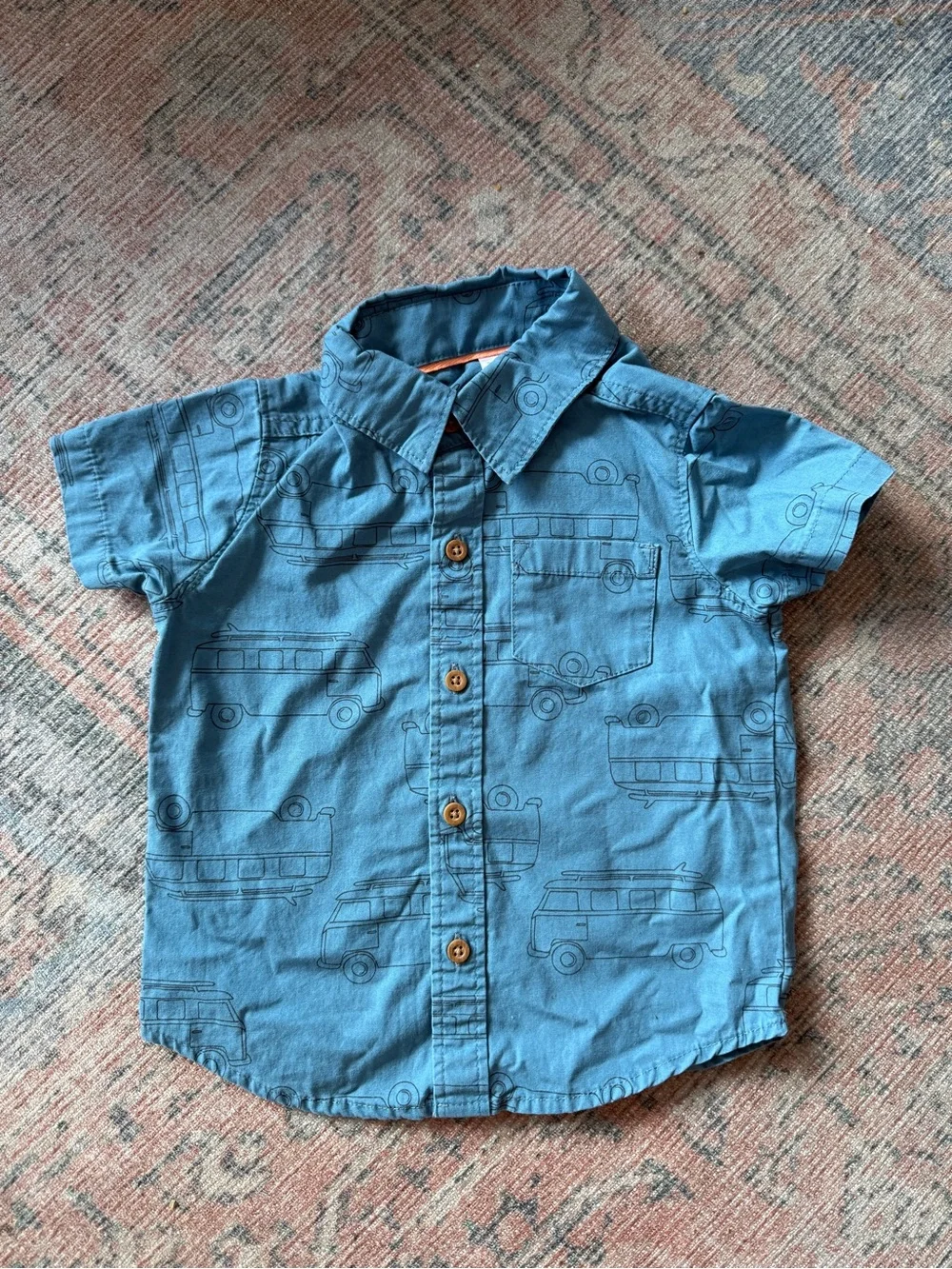 Boys 18 Mos- Blue Short-Sleeve Button-Up Shirt with Camper Print